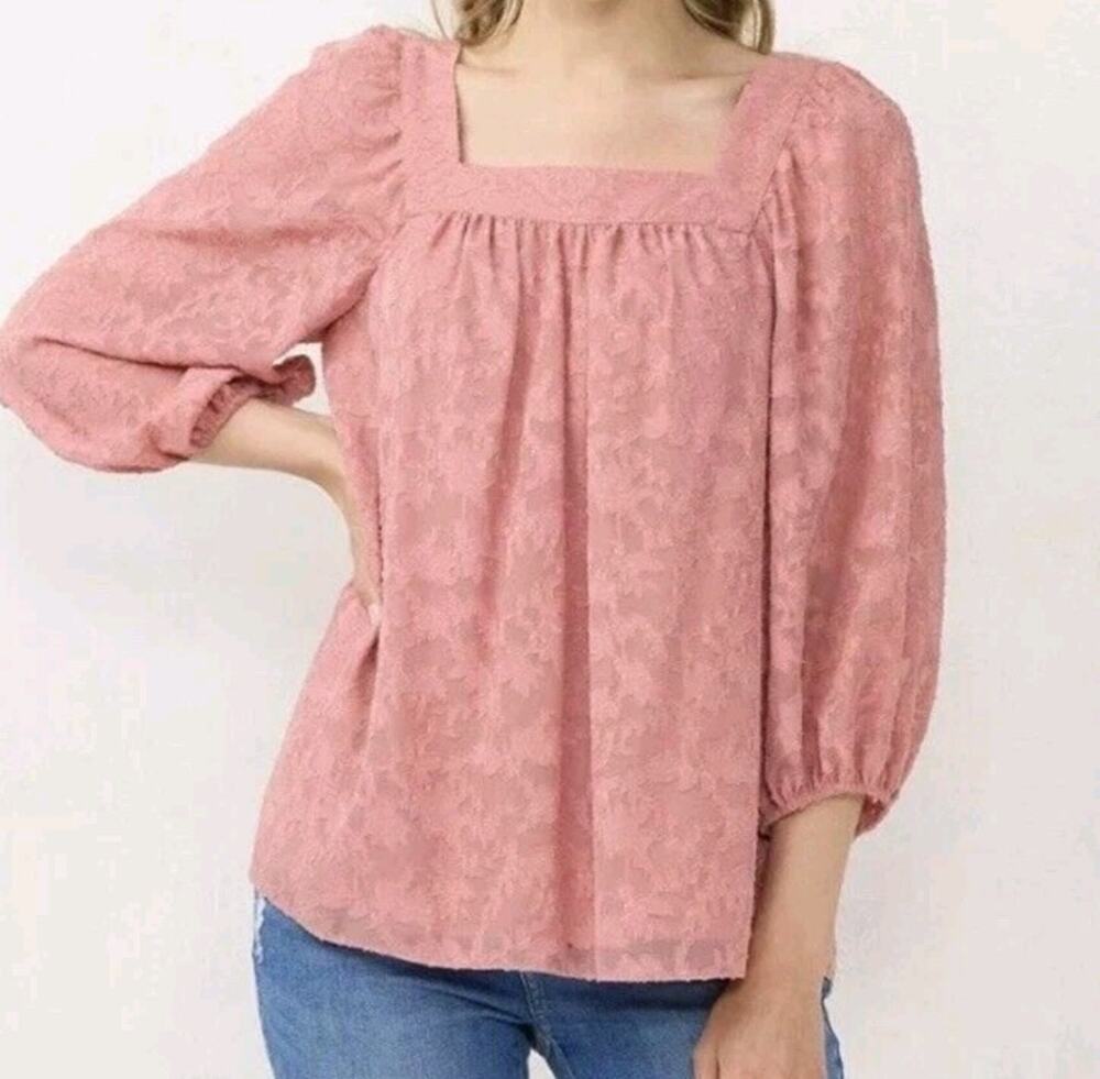 LC Lauren Conrad Boho Peasant Top 1X Pink Square Neck Elastic Long Sleeve